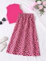 Teen Girl Solid Color Vest And Printed Knee-Length Skirt 2pcs/Set