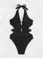 SHEIN Swim SXY Women's One Piece Halter Swimsuit With Removable Belt