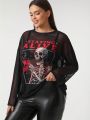 Eduely Plus Size Women's Skull Printed Mesh Top