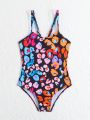 Young Girl's One Piece Swimsuit, Colorful Leopard Print