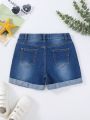 Tween Girls' Basic Casual Elastic Waist Frayed Denim Shorts With Rolled Hem, Dark Wash