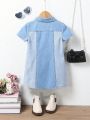 Young Girl's Vintage College Style Short Sleeve Denim Dress With Color Block Design, Casual And Comfortable