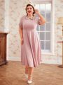 SHEIN DECDS Plus Size Vintage Elegant Plaid Splicing Doll Collar Short Sleeve A-Line Dress With Umbrella Hem