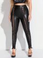 SHEIN SXY Women's Pu Leather Strap Decorated Long Pants