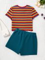 SHEIN Girls' Heart Shaped Hollow Out & Multicolor Stripe Print T-Shirt With Solid Skirt & Pants Set For Casual Outfit