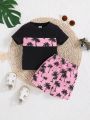 SHEIN Baby Boys' Coconut Tree Printed Contrasting Color Round Neck Short Sleeve Top And Casual Shorts Set