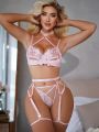 SHEIN Women's Sexy Lingerie Set With Flower Embroidery & Mesh Patchwork