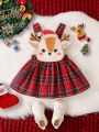 Baby Girl Christmas Elk Print Ruffle Trim Tartan Print Ruffle Trim 2 In 1 Dress