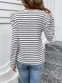 SHEIN LUNE Women's Striped Round Neck T-shirt With Puff Sleeve