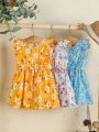 Baby Girls' 3pcs/Set Romantic Forest Style Rural Wind All Over Printed Dress With Flounce Sleeve, Waist-Cinching, Cute For Vacation Spring And Summer