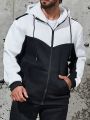 Men Plus Two Tone Drawstring Hooded Zip Up Thermal Lined Sweatshirt