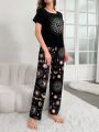 Women's Short Sleeve And Long Pants Sleepwear Set With Sun Face Print
