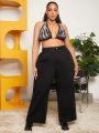 SHEIN CURVE+ Women's Plus Size Wide Leg Denim Pants With Slanted Pockets