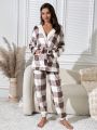 Buffalo Plaid Print Drop Shoulder Belted Flannel Lounge Set