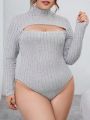 SHEIN Essnce Women'S Plus Size Solid Color Ribbed Knit High Collar Hollow Out Bodysuit