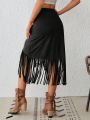 SHEIN VCAY Vacation Women's Tassel Hem Long Skirt