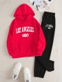 SHEIN Slayr Women's Letter Printed Drawstring Hoodie And Sweatpants Set