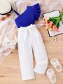 SHEIN Kids CHARMNG Little Girls' Asymmetrical Neck Top And Belted Long Pants Set