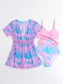 Girls' (Big) Marble Printed One Piece Swimwear With Mesh Cover Up