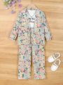 SHEIN Kids Y2Kool 3pcs/Set Toddler Girls' Autumn Vest, Romantic Flower Pattern Long Sleeve Cardigan Without Button And Pants Outfits