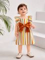 SHEIN Baby Girls' Casual Striped Pattern Dress With Bowknot & Ruffle Hem Design