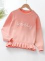 Girls' Letter Embroidery Sweater With Ruffle Hem, For Tweens