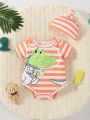 SHEIN Baby Boys' Crocodile Pattern Striped Bodysuit & Hat Set