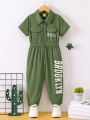 SHEIN Kids FANZEY Little Girls' Stylish Turn-Down Collar Short Sleeve Jumpsuit With Pockets, Spring And Autumn