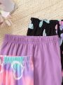 3pcs/Set Young Girls' Comfortable Tie Dye Heart & Butterfly Print Leggings With Elastic Waist, Suitable For Spring And Autumn