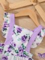 Baby Girl Spring & Summer Purple Floral Printing & Ruffled Edge Casual Suspender Dress