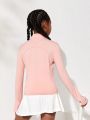 SHEIN Girls' Knitted Solid Color Stand Collar Zip Up Casual Sports Sweater