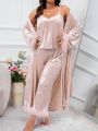 Plus Fuzzy Trim Velvet Robe & Cami Top & Pants PJ Set