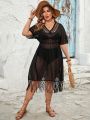 SHEIN Swim BohoFeel Plus Size Women'S Patchwork Fringed Hem Mesh Maxi Dress With Sheer Cover Up