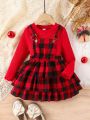 Toddler Girls' Striped Long Sleeve T-shirt And Checkered Overall Skirt 2pcs/set