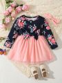 1pc Baby Girls' Elegant Floral Printed Mesh Dress