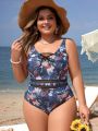 SHEIN Swim Classy Plus Size Women's Floral Printed Elegant One-piece Swimsuit