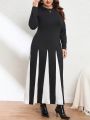 SHEIN Privé Plus Size Women's Color Collision Splice Long Sleeve Dress