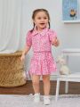 Baby Girls' Pink Leopard Print Shirt With Skirt Set For Spring/Summer