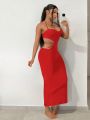 SHEIN SXY Cut Out Waist Halter Neck Backless Split Hem Dress