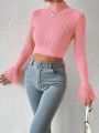 SHEIN Privé Mock Neck Fuzzy Cuff Crop Sweater