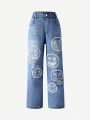 Tween Girls' Casual Street Style Expression Print Straight Leg Ripped Jeans