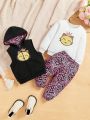 SHEIN 3pcs Baby Girls' Cute Cat Pattern Long Sleeve Hoodie, Vest Outerwear, Leopard Print Pants Set