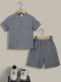 SHEIN Kids EVRYDAY Toddler Boys' Casual Stand Collar Short Sleeve Shirt And Rolled Hem Woven Shorts Set