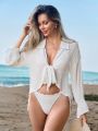 SHEIN Swim Vcay Women's Front Tie Loose Fit Kimono Cardigan With Long Sleeves