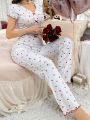 Ladies' Heart Pattern Printed Short Sleeve Long Pant Pajamas Set