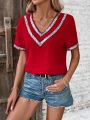 Color Block Shiny Sequin Decorated V-Neck Short Sleeve Blouse