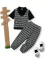 SHEIN Kids Academe Young Boy Combination College Letter Printed Fake Two Pieces Polo Shirt And Pants Set