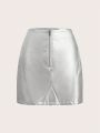 dianamona Zip Front PU Leather Skirt