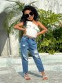 SHEIN Kids Cooltwn Young Girls' Lace Single Shoulder Top And Denim Pants Set