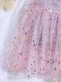 SHEIN Kids Y2Kool Tween Girls' Solid Colored Top & Glitter Mesh Spaghetti Strap Dress 2pcs/Set